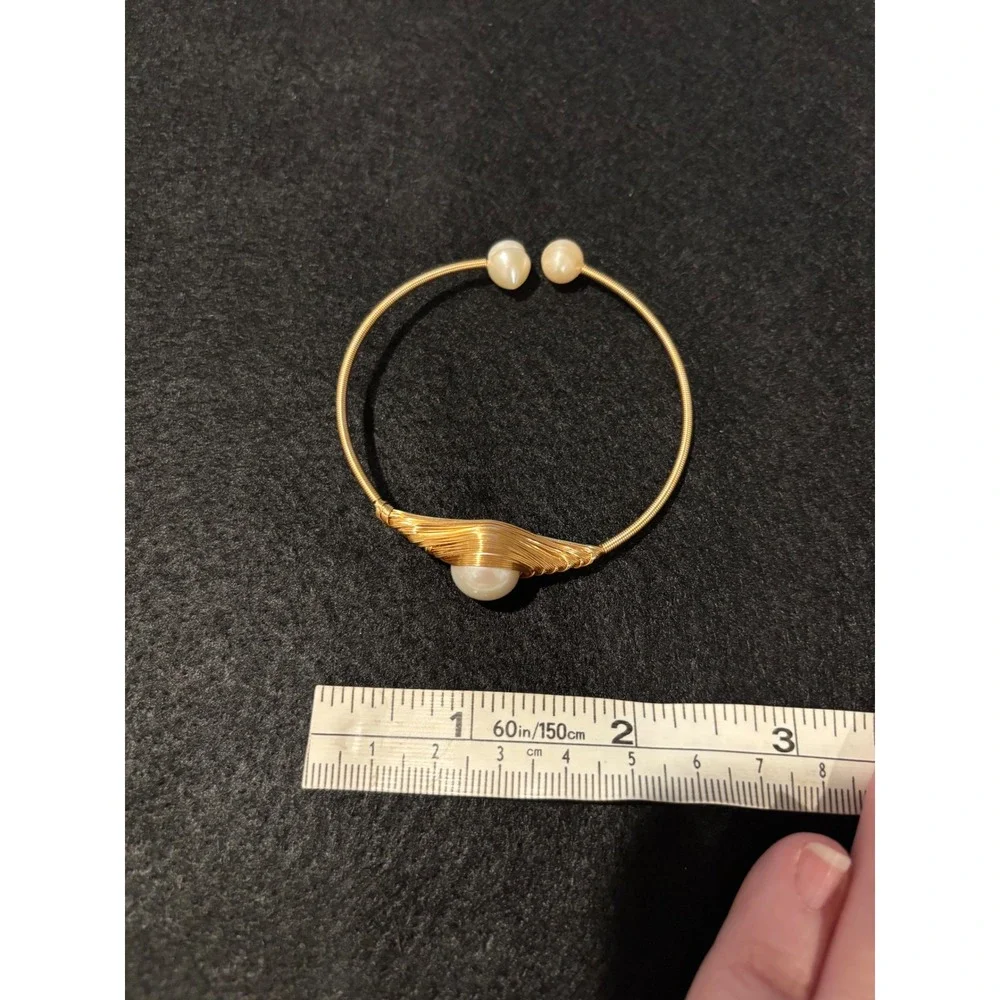 Handmade Gold Wire Wrapped Pearl Cuff Bracelet Open Bangle Cream Pearl Accent